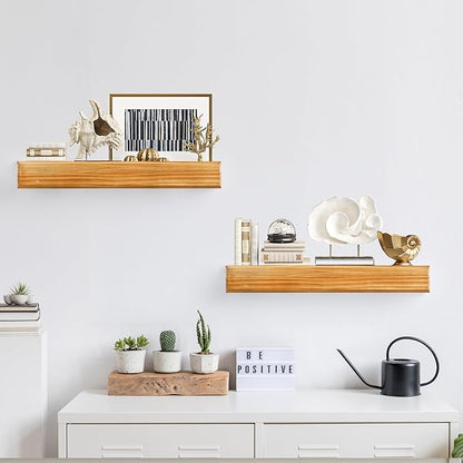 24 Inch Picture Ledge Shelf with Lip,Floating Shelves for Wall, Set of 2 Solid Pine Wood Shelves with Invisible Brackets, Wall Storage for Living Room, Bedroom, Kitchen, Bathroom(Carbonized Brown)