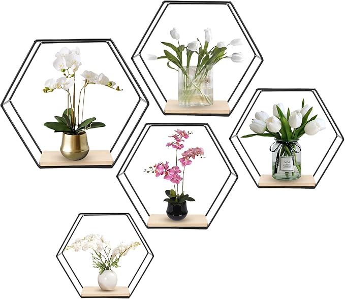 Wall Mounted Hexagonal Floating Shelves Black Set of 5 in Different Sizes, Modern Metal Shelf, Simple Wood Partition Storage Shelves, Decor Rack for Bedroom, Living Room, Kitchen and Office