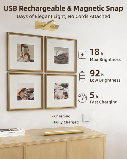 EZVALO Picture Lights for Wall, 16'' Rechargeable 6000mAh Painting Lights with Remote, Wireless Dimmable 3 Color Temps Art Lights for Gallery, Living Room, Hallway (Gold, 2Pack)