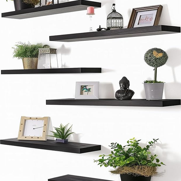 PHPH 24 Inch Wood Floating Shelves for Wall, Wooden Wall Shelves for Bedroom, Set of 6 Black