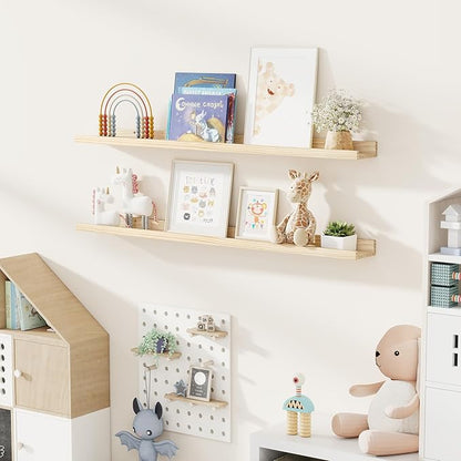 Fun Memories Picture Ledge Shelf, Pine Wood Floating Shelves Set of 2, 48 inch Nursery Book Shelves, Photo Ledge Book Shelves Wall Mounted for Living Room Kids' Room Bedroom - Natural