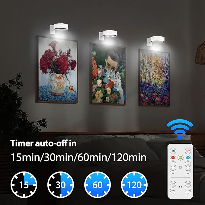 3Pcs Battery Picture Lights, Remote Painting Light for Art Disaplay,Magnetic Wall Picture Light Up/Down Light,Dimmable & Timer, 200LM 3 Lighting for Gallery Dartboard Frame Pictures