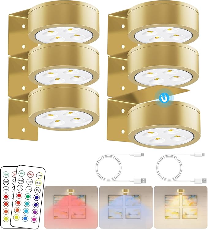 13 Color RGB Magnetic Led Art Display Light, Wireless Magnetic Picture Lights Rechargeable Battery-Powered Wall Frame Lights, Remote Control, and Timer 6Pack Gold