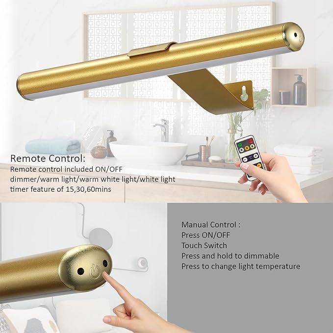 Wireless Picture Light Battery Operated,Rechargeable Painting Light with Remote Control, Metal Art Display Lamp,3 Modes,Dimmable Dartboard Light with Timer for Frame Gallery,300LM, Gold