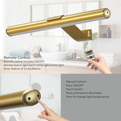 Wireless Picture Light Battery Operated,Rechargeable Painting Light with Remote Control, Metal Art Display Lamp,3 Modes,Dimmable Dartboard Light with Timer for Frame Gallery,300LM, Gold