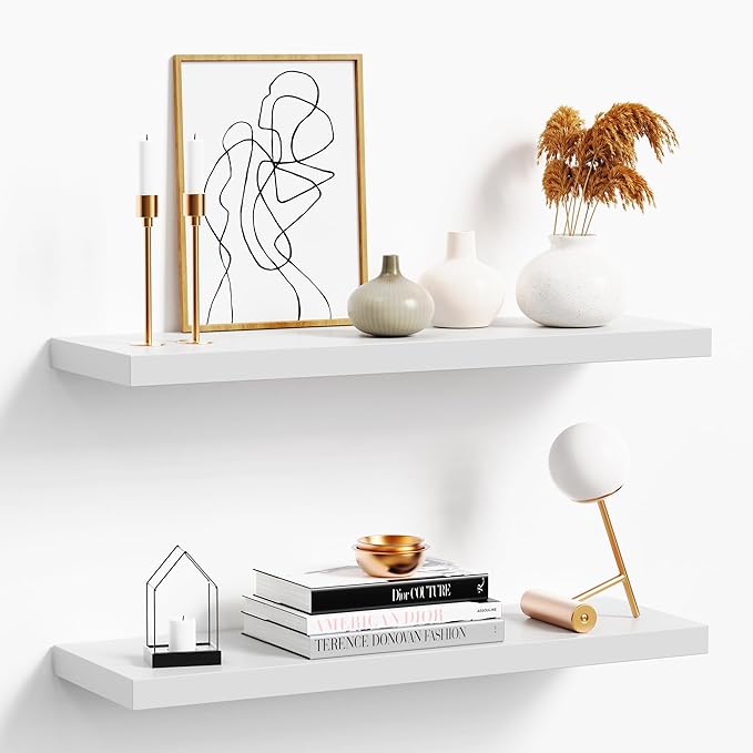 Floating Shelves for Wall, White Wood Wall Shelf Set of 2, 24