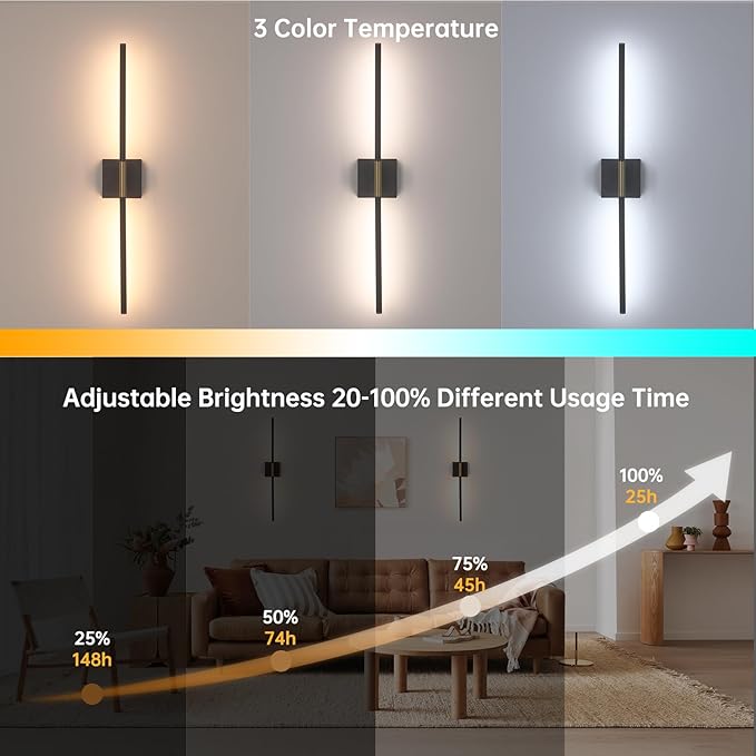 Battery Operated Wall Sconce Set of 2, 10400mAh Wireless Wall Sconces, 3000K-6000K Dimmable, 350°Rotate, Indoor Wall Lights with Remote for Bedroom Living Room Bathroom, Black Gold, 31.5 Inch