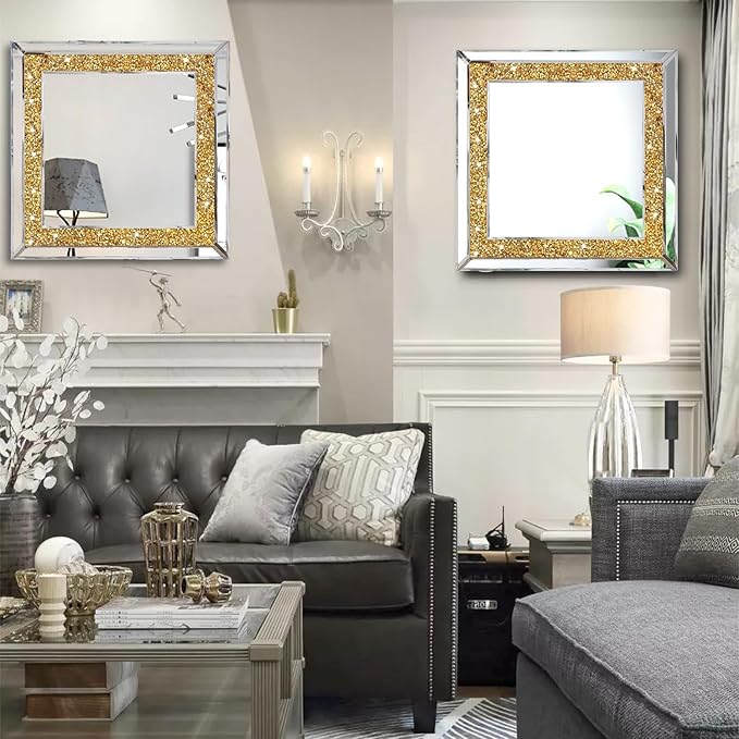 2 Piece Wall Mirrors, Crush Diamond Wall Decor, Gold Color Decorative Mirrors for Living Room, Bedroom, Bathroom. (12'x12')
