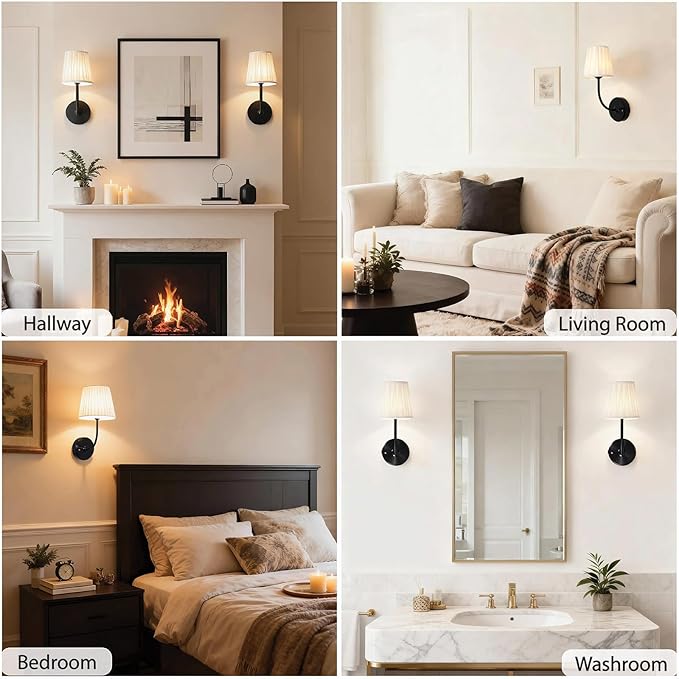 Battery Operated Wall Sconce Set of 2, Dimmable Wireless Black Wall Lamp with 5200mAh Battery, Rechargeable Wall Sconce Light with Switch and Remote for Living Room, Bedroom, Hallway, Bathroom