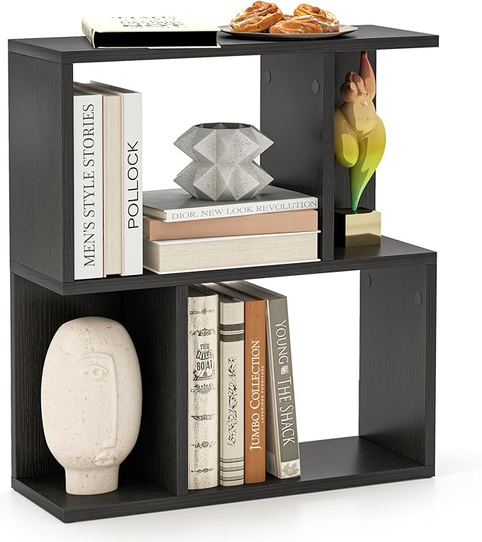 Tangkula 3 Tier Geometric Bookshelf, S Shaped Open Bookcase with Storage, Home Office Decor, Freestanding Wood Display Shelf for Living Room Study, Small Bookshelf for Small Spaces (1, Black)