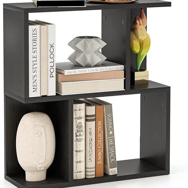 Tangkula 3 Tier Geometric Bookshelf, S Shaped Open Bookcase with Storage, Home Office Decor, Freestanding Wood Display Shelf for Living Room Study, Small Bookshelf for Small Spaces (1, Black)