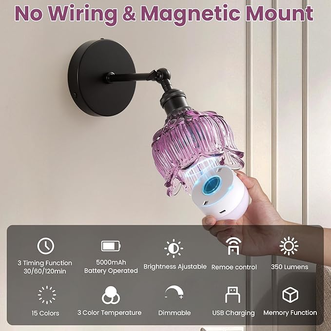 Vintage Wall Sconce - 5000mAh Rechargeable Dimmable Wireless Powered Light Sconces - Set of 2 Purple Flower Glass Cordless Mounted Lighting with Remote Control for Bedroom Bedside