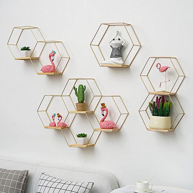 Hexagon Floating Wood Book Shelves, Iron Storage Holder Wall-Mounted Multifunctional Nordic Style Geometric Firm Hexagonal Shelf for Home Bedroom Bathroom Black L1