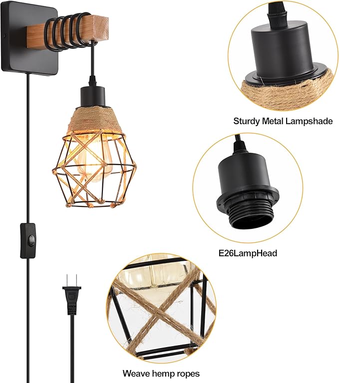 Rustic Wall Sconces Fixtures with Plug in Cord, Set of Two Indoor Vintage Rattan Wall Light Industrial Lamp Fixture Farmhouse Metal Sconces Light for Bedroom Bedside Living Room