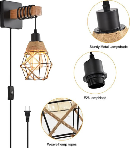 Rustic Wall Sconces Fixtures with Plug in Cord, Set of Two Indoor Vintage Rattan Wall Light Industrial Lamp Fixture Farmhouse Metal Sconces Light for Bedroom Bedside Living Room