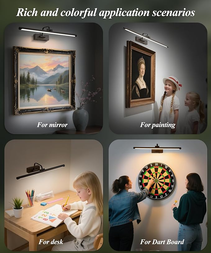 Picture Lights for Wall Battery Operated, Rechargeable Light for Picture with Remote & Timer, Black Art Light for Paintings Wireless Dimmable Cordless Gallery Frame Lights 16 Inch with 3CCT