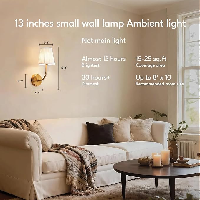 Battery Operated Wall Sconce Set of 2, Dimmable Wireless Gold Wall Lamp with 5200mAh Battery, Rechargeable Wall Sconce Light with Switch and Remote for Living Room, Bedroom, Hallway, Bathroom