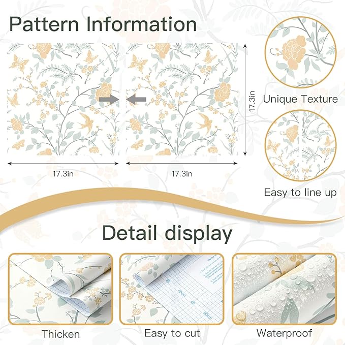 Yellow Wallpaper Floral Peel and Stick Wallpaper Boho Light Blue and Yellow Wall Paper Bird Botanical Contact Paper for Cabinets Renter Friendly Self-Adhesive Bathroom Bedroom 78.7"×17.3"