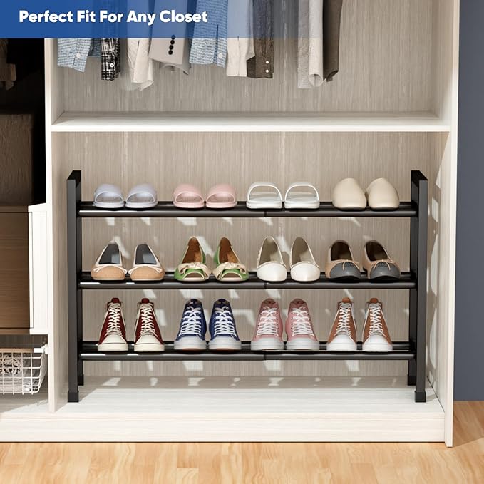 Abiglifty 3-Tier Expandable Shoe Rack,17"-33" Adjustable Shoe Rack for Closet,Metal Shoes Shelves for Front Door Entrance, Garage & Corridor, Free Standing Shoe Holders, Easy to Assemble,Black
