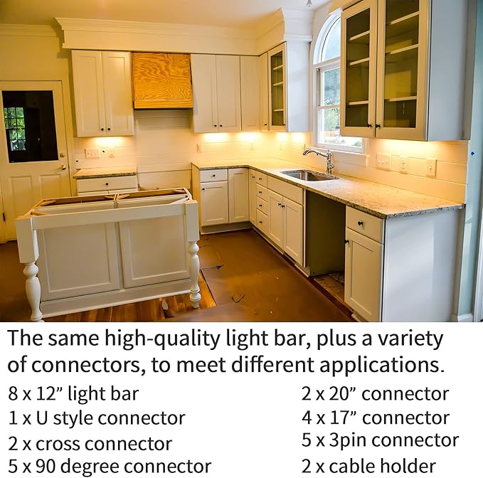 WOBANE Under Cabinet Lighting Kit,8PCS 12 inch Led Light Bars,Under Counter Lights for Kitchen,Cupboard,Desk,Bookcase,Shelf,Showcase Display,DIY Tape Light,Variety Connectors,1200lm,2700K WarmWhite