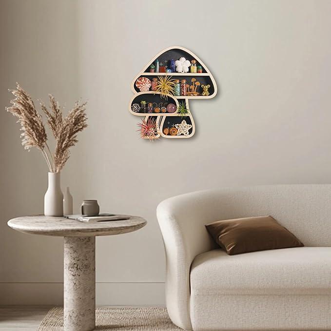 Cute Mushroom Decor, Wooden Floating Mushroom Shelf for Wall, Crystal Display Shelf Rock Gem Stone Display Shelf Wall Mounted