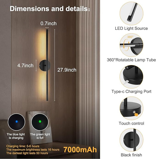Wireless Battery Operated Wall Sconces with Remote, Black Rechargeable Led Wall Lights Set of Two, Cordless Dimmable Battery Powered Wall Lamp Decor for Bedroom Living Room, 3 Color, 28 Inch