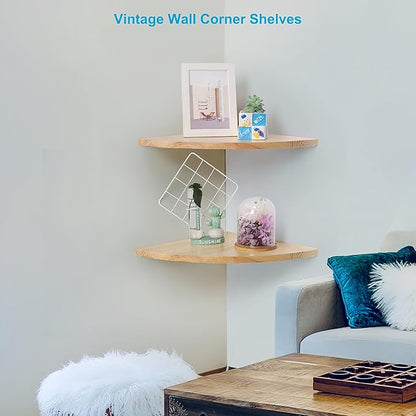 Waterproof Natural Wood Corner Wall Shelves Set of 2, Rustic Wood Corner Floating Shelves with Cable Raceway for Bathroom Kitchen Study Bedroom (12 Inch, Fan-Shaped)