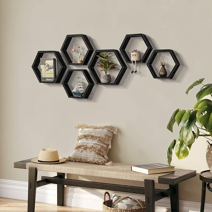 CADUKE Hexagonal Floating Shelves Set of 6 Hexagon Sheves Wall Mount Wood Storage Honeycomb Shelf Farmhouse Wall Decor Shelves for Bedroom Living Room, Black