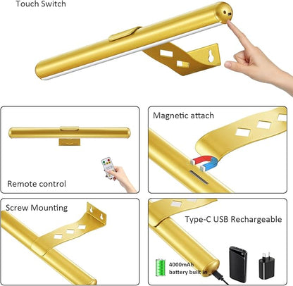 Wireless Picture Light Battery Operated,Rechargeable Painting Light with Remote Control, Metal Art Light Dimmable Display Lamp,3 Modes with Timer for Frame Dartboard Gallery,300LM, Gold