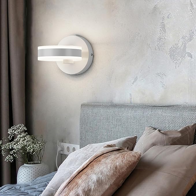 LED Wall Sconces Set of Two with ON/Off Switch, White Rotatable Hardwired Wall Light Fixtures, Built in USB Charging Port, Modern Wall Decor for Bed Lighting.