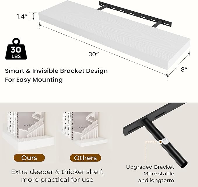Dreamland 30 Inch Long Floating Shelves in White,8 Inch Deep Floating Shelf for Wall,Large Display & Storage Shelf, Wall Shelf for Bathroom Bedroom Living Room Kitchen Office，Set of 2