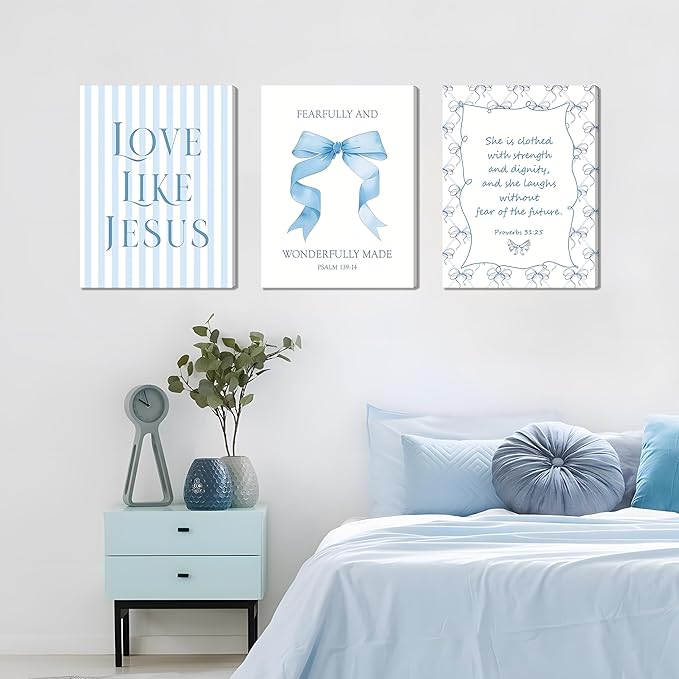 Blue Bow Jesus Wall Art Decor, Light Blue Coquette Dorm Room Wall Decor Paintings, Inspirational Bible Verses Canvas Posters Prints Pictures for Girls Dorm Room, Bedroom, Bathroom 16x24 Inch Framed