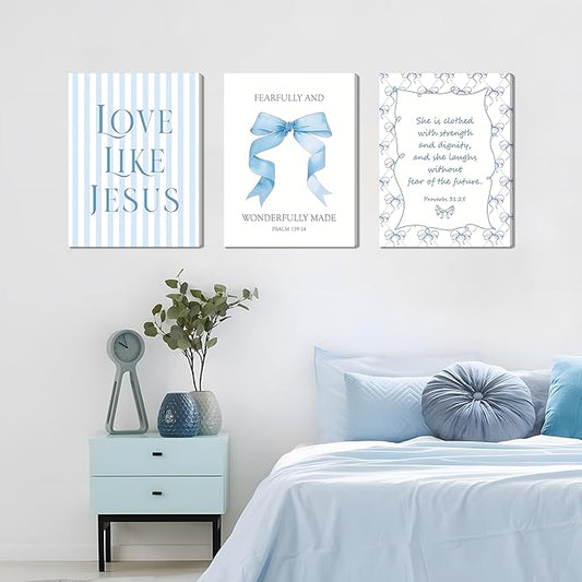Blue Bow Jesus Wall Art Decor, Light Blue Coquette Dorm Room Wall Decor Paintings, Inspirational Bible Verses Canvas Posters Prints Pictures for Girls Dorm Room, Bedroom, Bathroom 12x16 Inch Framed