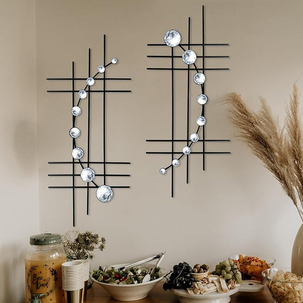 ZEXUIRU 2 Pack Black Abstrac Wall Decor – Metal Crystal Wall Art with Sparkling Rhinestones, 16.5’’/24 Inch Wall Hanging Set for Living Room Bedroom Bathroom – Modern Bling Home Decorations