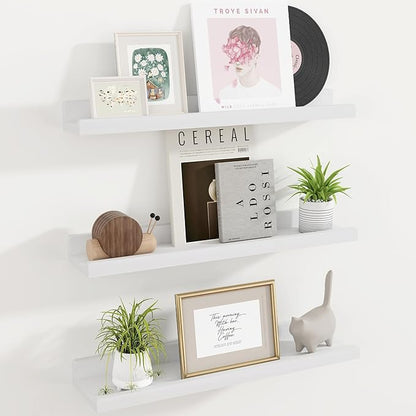 Floating Shelves for Wall, 24 inch Solid Wood Picture Ledge Shelf for Wall Storage, Nursery Book Shelves with Lip for Living Room Bathroom Bedroom Kitchen, Set of 3, Washed White