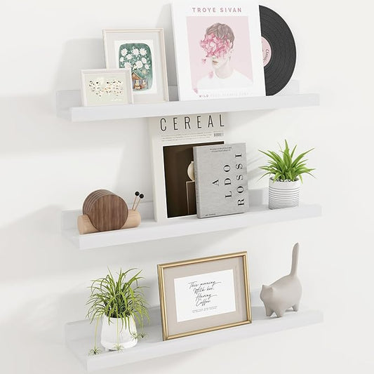 Floating Shelves for Wall, 24 inch Solid Wood Picture Ledge Shelf for Wall Storage, Nursery Book Shelves with Lip for Living Room Bathroom Bedroom Kitchen, Set of 3, Washed White