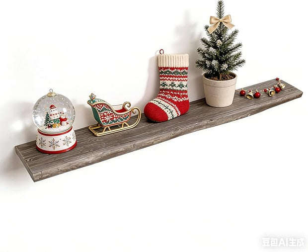 Fun Memories Floating Shelves for Wall, 55"x9.3" Rustic Solid Live-Edge Elm Wood Wall Shelves, Heavy-Duty Floating Shelves with Invisible Brackets for Living Room, Bedroom, and Kitchen, Grey Finish