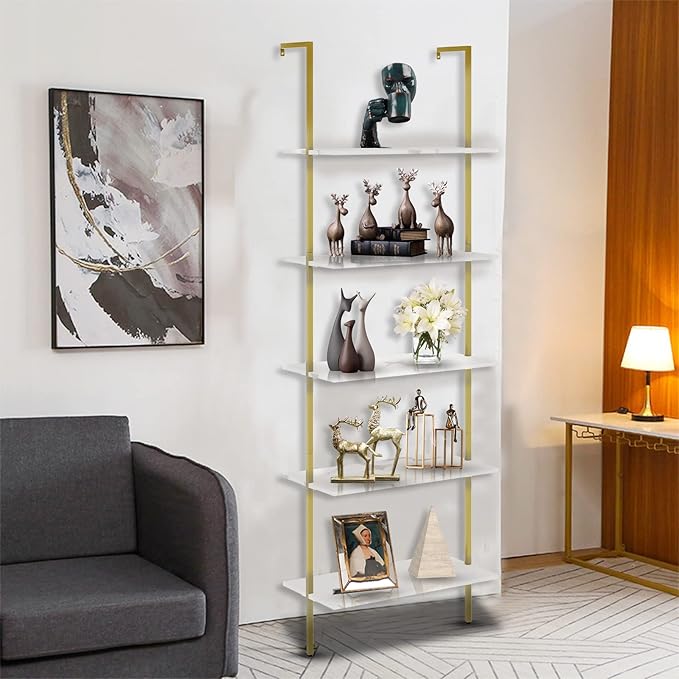 aboxoo Ladder Shelf 2PCS White Marble Bookshelf 5-Tier Wall-Mounted Wood Rack Open Industrial Modern Plant Flower Stand Utility Organizer Bookcase Metal Frame Furniture Office Kitchen Bedroom