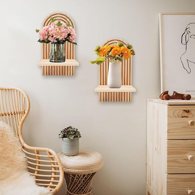 2 Pcs Boho Wall Shelf, Rainbow Arch Wooden Floating Shelf, Bohemian Floating Shelves Wall Decor for Nursery Bedroom Living Room Mid Century Hanging Shelf, 7.09 × 4.72 × 13.58 inches