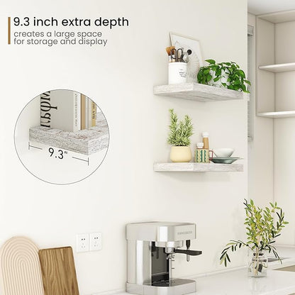 Fun Memories Deep Floating Shelves - 16" W x 9.3" D x 1.6" H Rustic Grey Wall Shelf - Wall Mounted Shelves for Storage - Wooden Shelves with Invisible Brackets for Living Room, Farmhouse - Set of 2