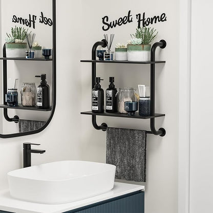 Bathroom Shelves Wall Mounted, Rustic Farmhouse Pipe Shelves, Wall Shelves 2-Tier, Industrial Pipe Shelving, Floating Shelf Decor for Bathroom, Bedroom, Living Room Thanksgiving 17.3in Black