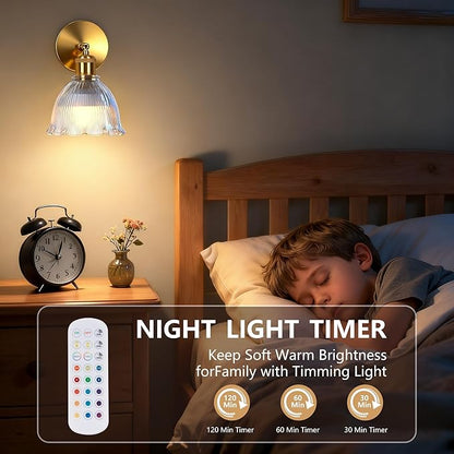 Vintage Battery Operated Wall Sconce with Transparent Ripple Glass Lampshade Rechargeable Battery Powered Wall Light with Remote Control for Bedside Bedroom Bathroom, Set of 2