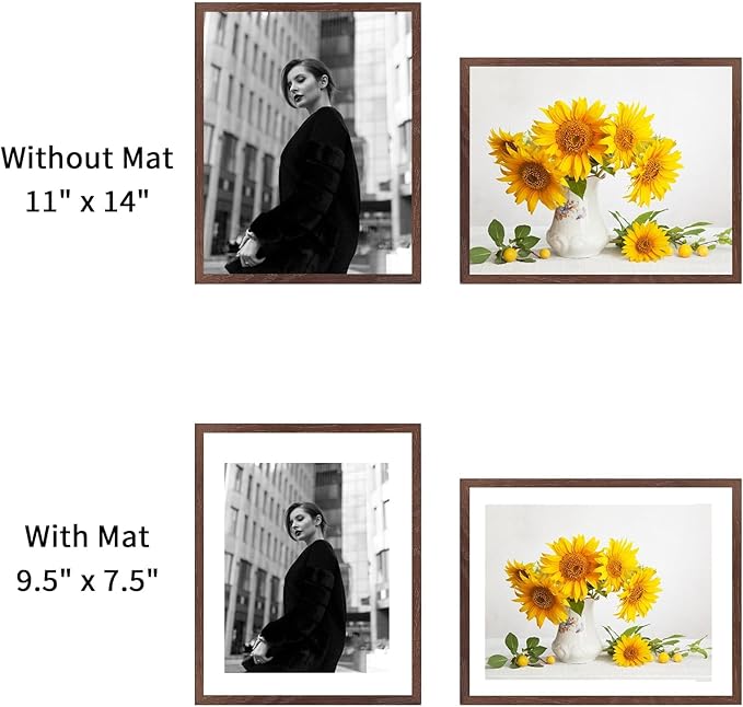 puthiac 11x14 Solid Oak Wood Picture Frame, Fits 8x10 with Mat or 11x14 Without Mat, Wall Display Only, Vertical or Horizontal, Plexi Front, 3 Pack, Walnut