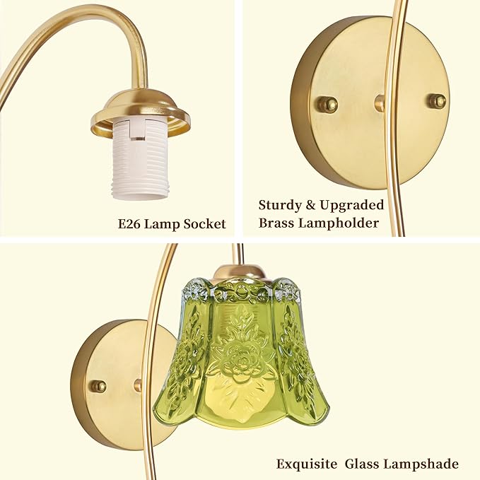 Vintage Battery Wall Sconce with Flower lampshade,Rechargeable Battery Powered Wall Lights,Wall lamp with 15 Colors for Bedroom Living Room Home Decor (Green Rose, 2 Light Battery Operated)