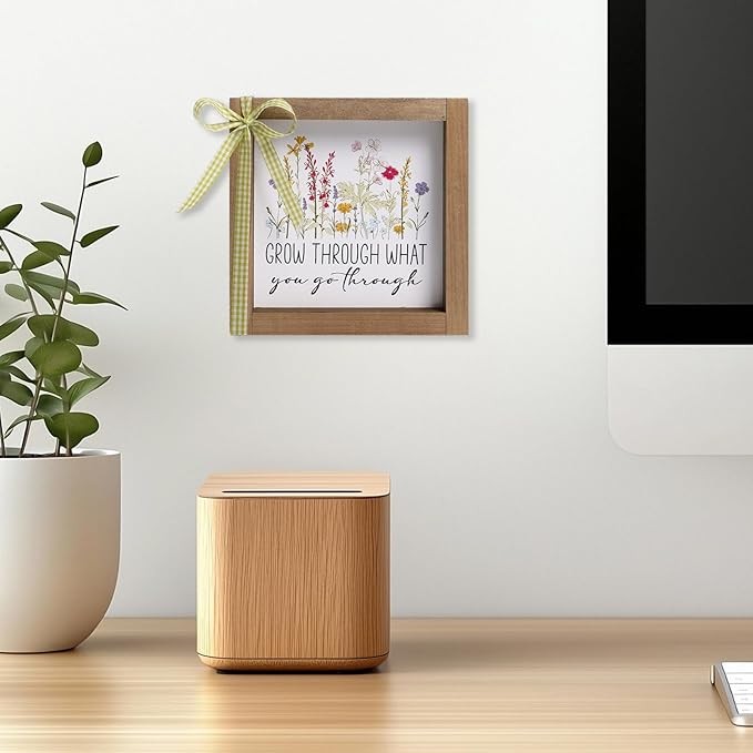 Grow Through What You Go Through Sign, 6 Inch Wooden Office Cubicle Decorations for Women, Boho Inspirational Desk Decor for Shelf Table Rustic Motivational Signs Wildflower Decorations