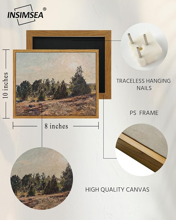 InSimSea Framed Canvas Wall Art, Vintage Pine Landscape Art for Living Room Hallway Shelf, 10x8in, Impressionist Pastoral Painting, Rustic Farmhouse Cozy Mid Century Small Nature Decor