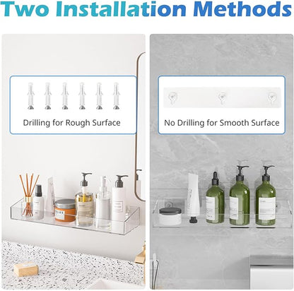2Pack Acrylic Shower Shelves, Adhesive Bathroom Shower Caddy Organizer, No Drilling/Drilling Wall Floating Shelves for Bathroom Storage Kitchen Home Décor, No Hook