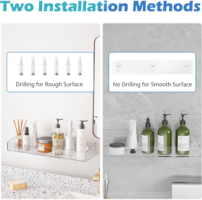 2Pack Acrylic Shower Shelves, Adhesive Bathroom Shower Caddy Organizer, No Drilling/Drilling Wall Floating Shelves for Bathroom Storage Kitchen Home Décor, No Hook