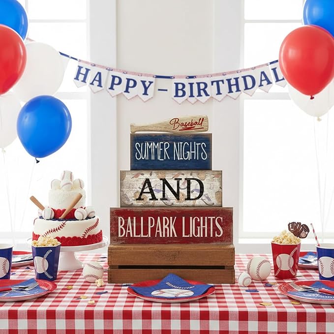4 Pcs Baseball Decorations Stacked Wooden Blocks Signs with Bat Topper, Summer Nights Ballpark Lights Decor - Baseball Table Decor Ideal Gift for Fans Boys Room Party Coffee Shelf