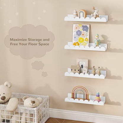 Fun Memories 16 Inch White Picture Ledge Shelf, Scalloped Nursery Book Shelves for Wall, Set of 4, Kids Room, Toddler Room Floating Shelves
